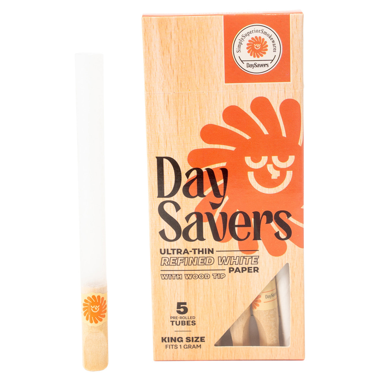 DaySavers 1 Gram King Size Pre Rolled Tubes with Natural Wood Filter Tips - Refined White [5 Tube Pack]