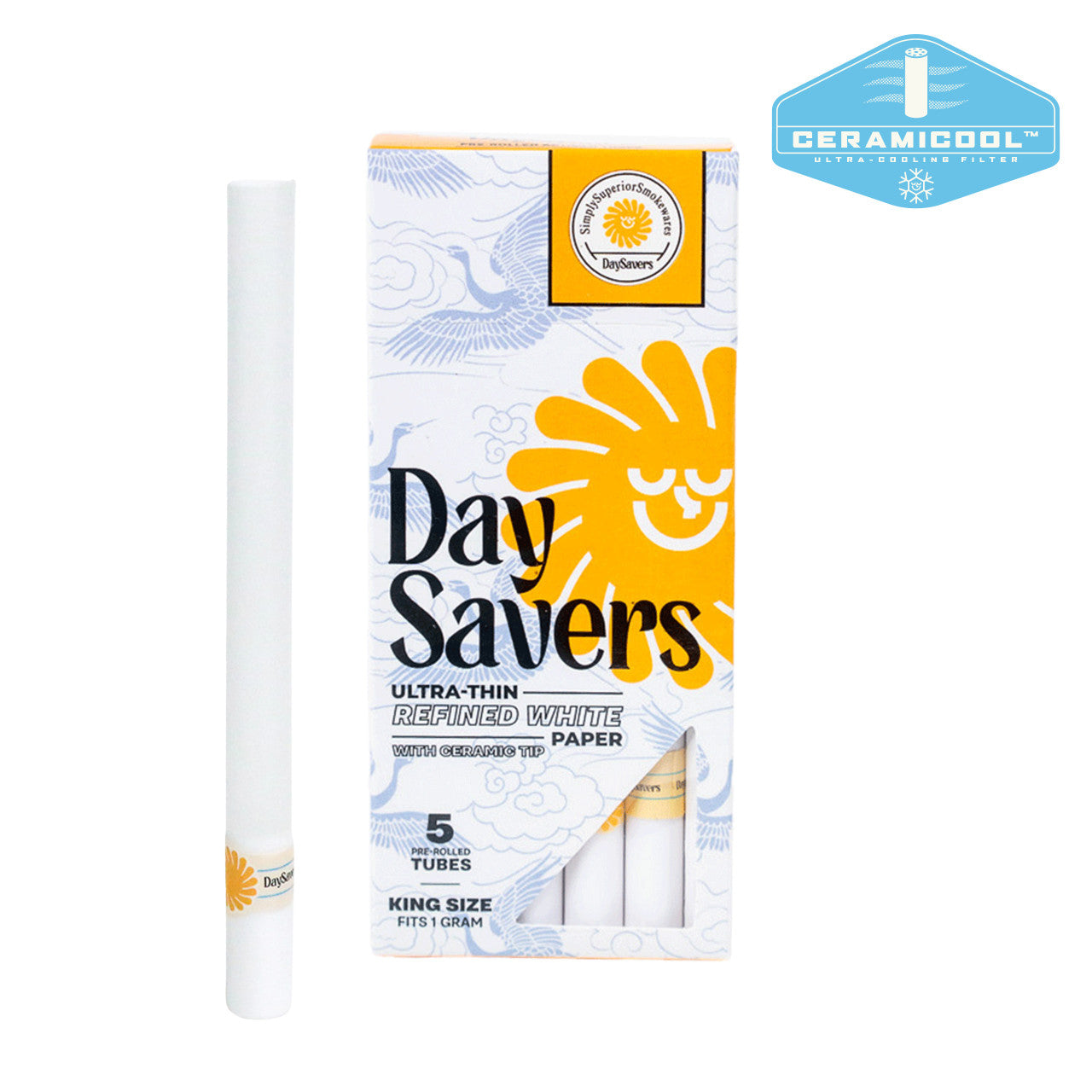 DaySavers 1 Gram King Size Pre Rolled Tubes with Ceramic Filter Tips with Ceramicool™ technology - Refined White [5 Tube Pack]