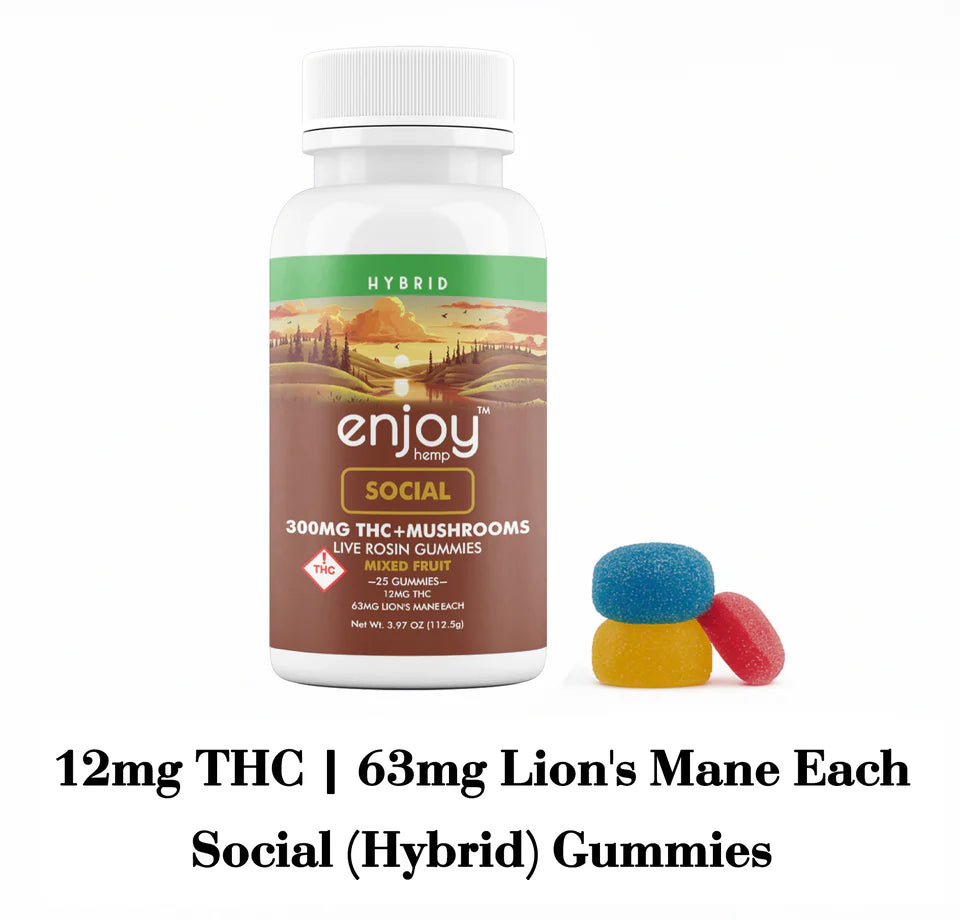 Enjoy Hemp Live Rosin Delta 9 THC + Mushrooms 300mg Gummies for Social (Hybrid) - 25 gummies | 12mg + 63mg Lion's Mane each
