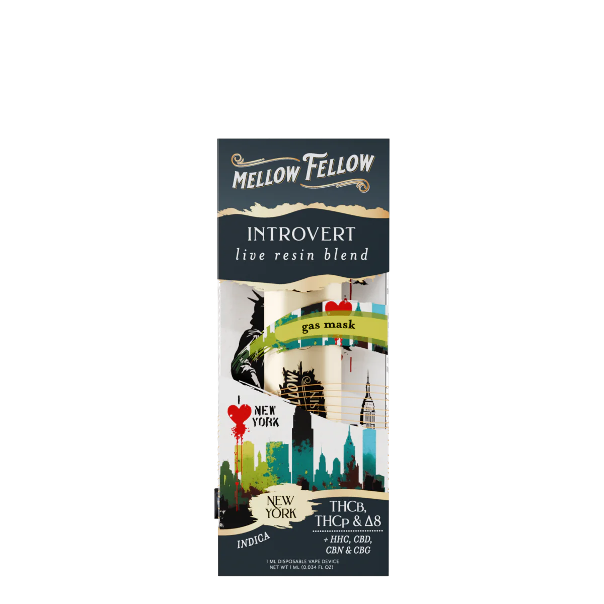 Mellow Fellow Introvert Blend - Destination: NYC - Live Resin 1ml Disposable Vape - Gas Mask (Indica) Best Price