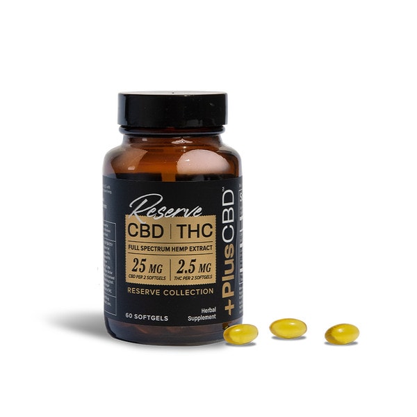 PlusCBD Reserve 2.5mg THC + 25mg CBD Softgels, Full Spectrum 60ct 75mg THC + 750mg CBD Best Price