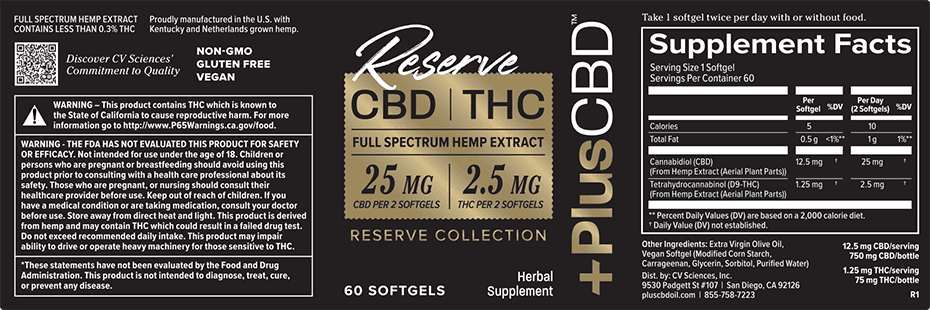 PlusCBD Reserve 2.5mg THC + 25mg CBD Softgels, Full Spectrum 60ct 75mg THC + 750mg CBD Best Price