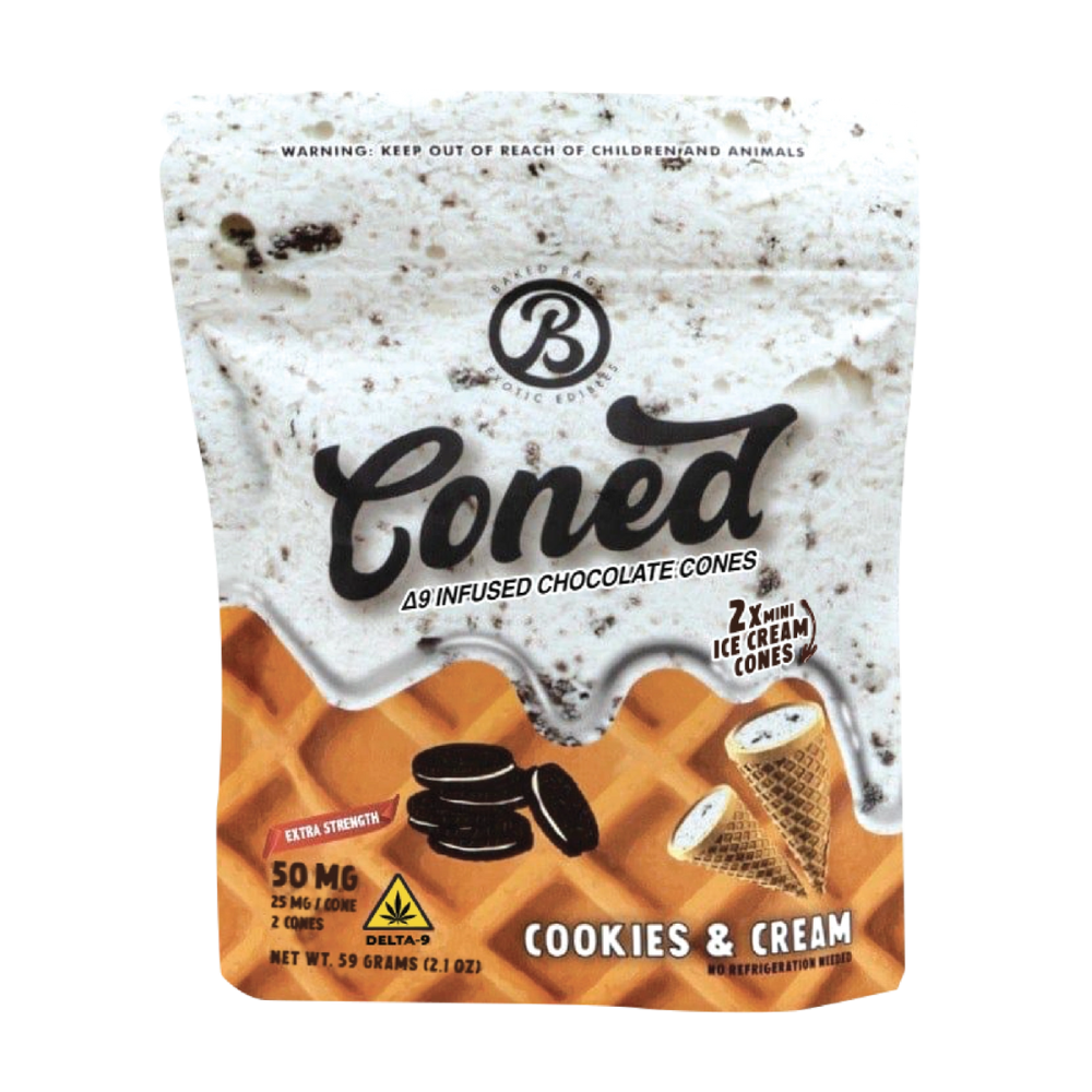 Baked Bags | THC Cones – Cookies & Cream Edibles | D9 THC Infused Chocolate Cones | 25mg – 2ct