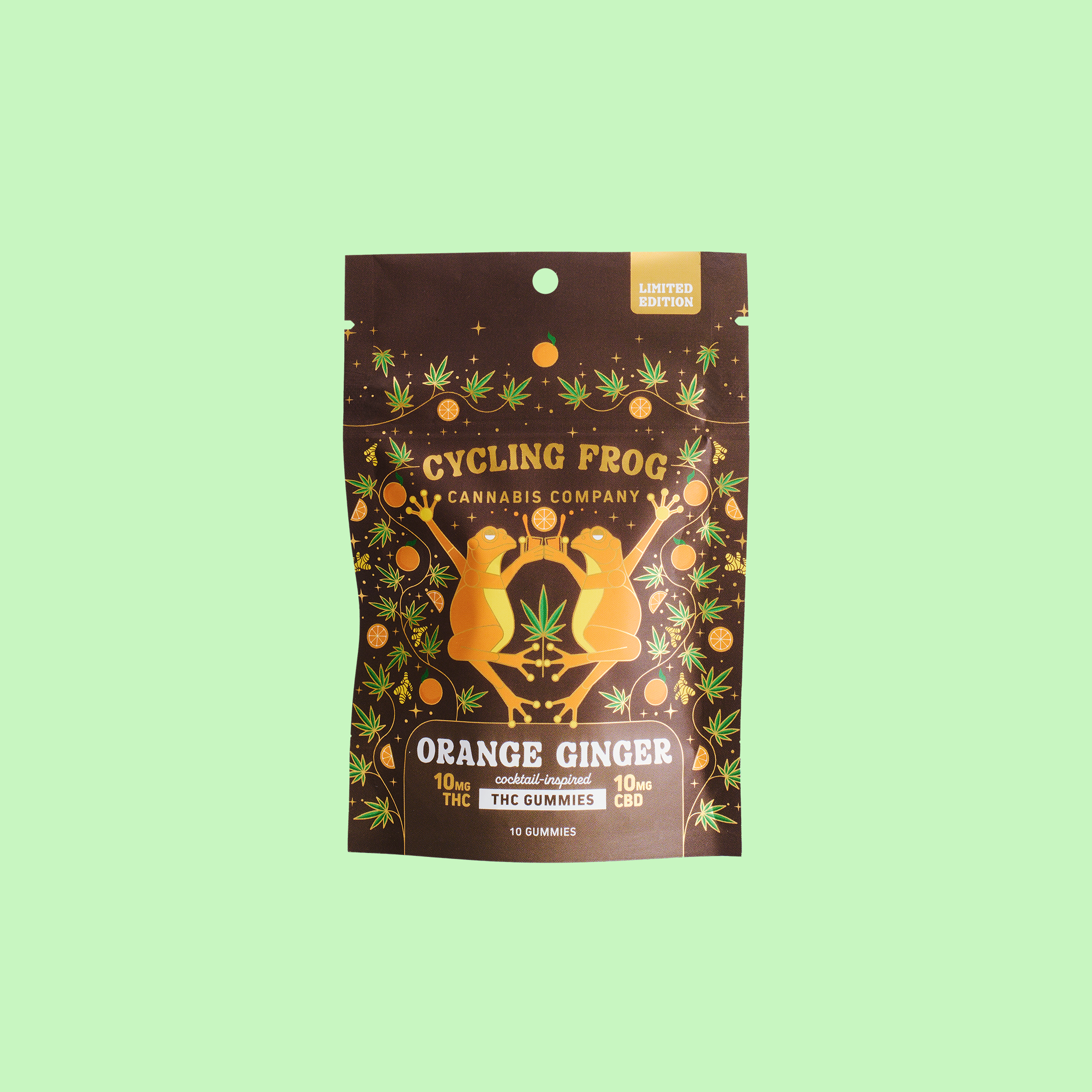 Cycling Frog Orange Ginger Gummies, 10mg THC + 10mg CBD