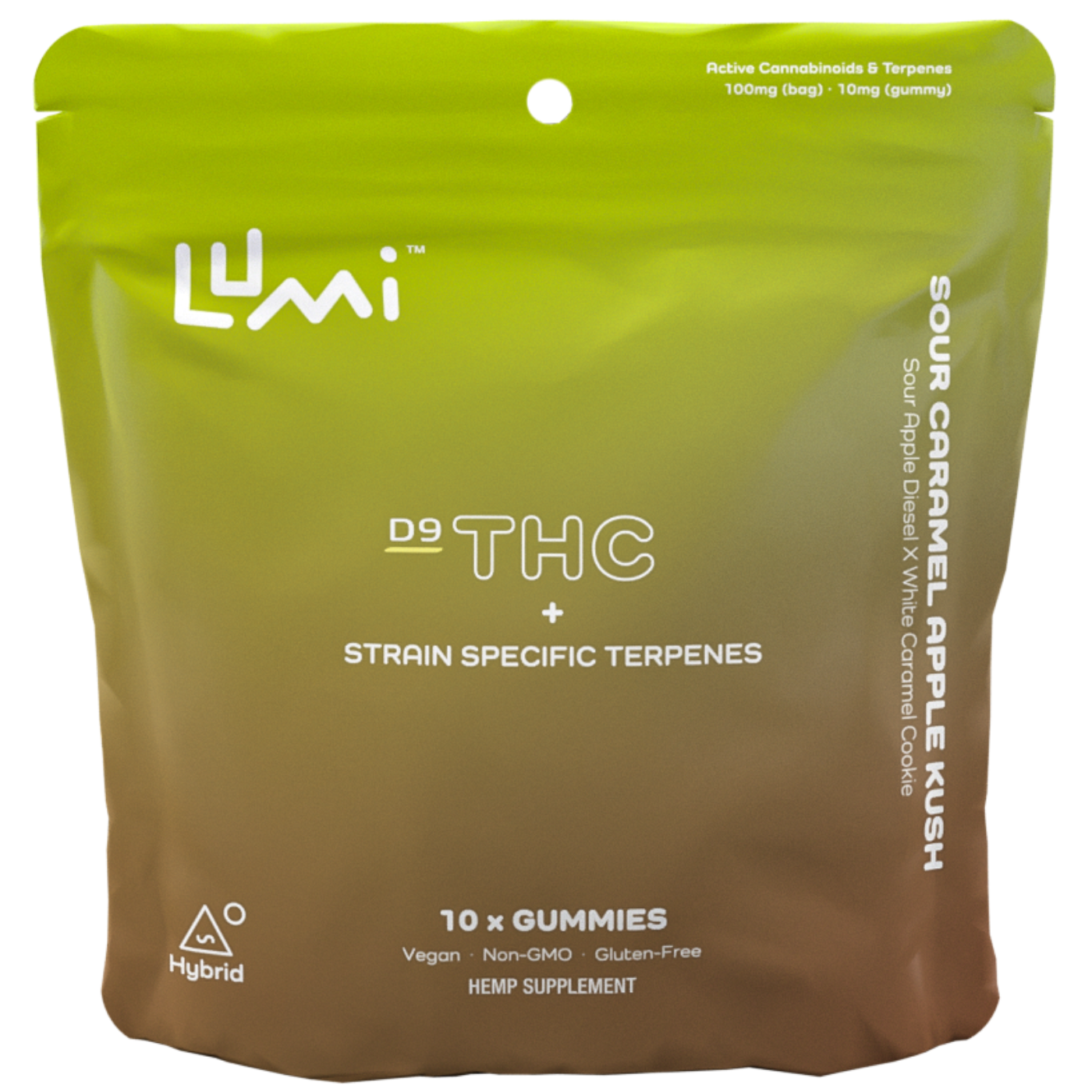 Lumi Labs | THC Gummies – Sour Caramel Apple Kush | 5mg D9 + 5mg Strain Specific Terpenes – 15ct