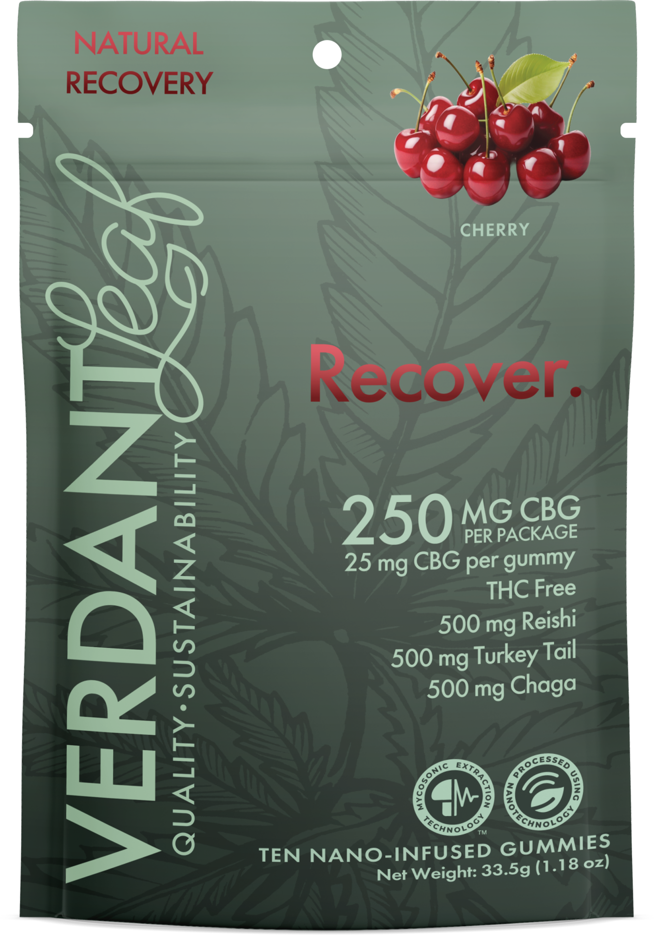 Verdant Leaf | Mushroom Gummies – Natural Recovery | Mushroom Nootropics with 25mg of CBG – 10ct