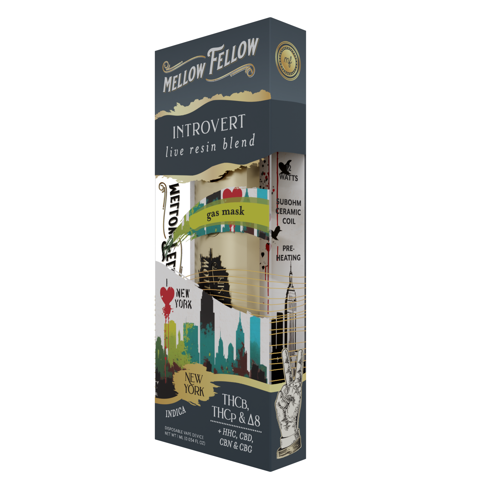 Mellow Fellow Introvert NYC - Gas Mask - Indica - 1ml Live Resin Disposable Vape Best Price