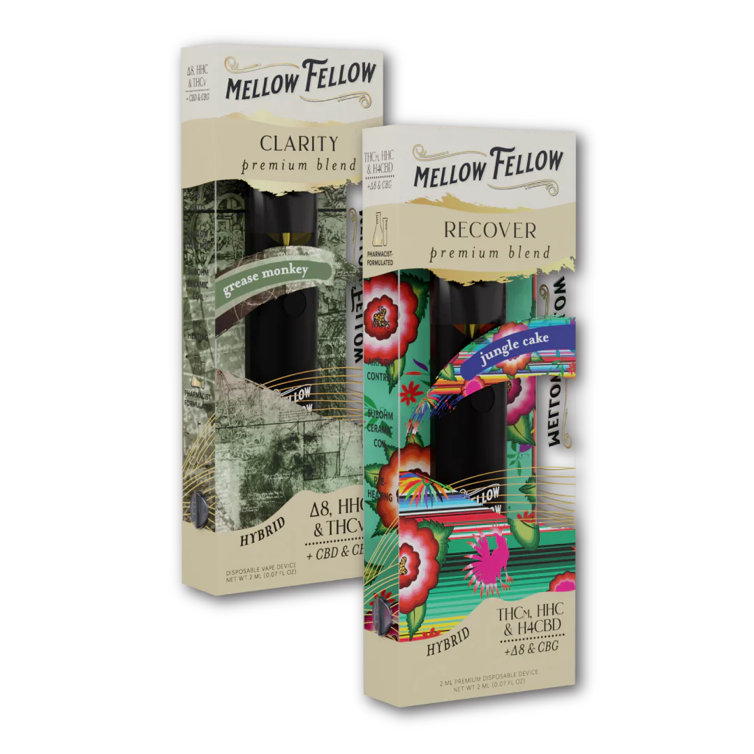 Mellow Fellow Clarity (Grease Monkey) & Recover (Jungle Cake) 2ml Disposable Vape - Day/Night Bundle Best Price
