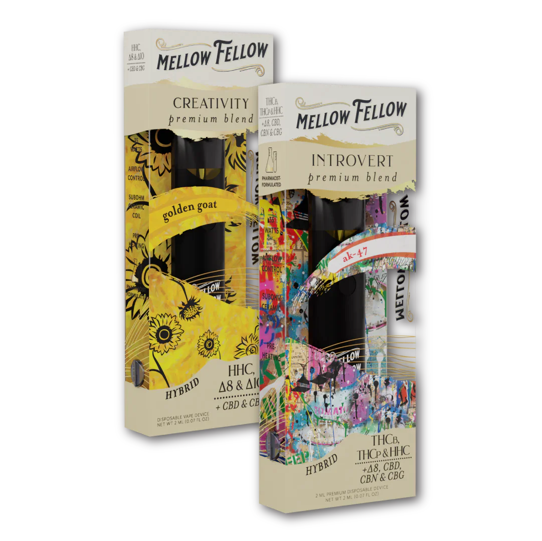 Mellow Fellow Creativity (Golden Goat) & Introvert (AK-47) 2ml Disposable Vape Day/Night Bundle Best Price